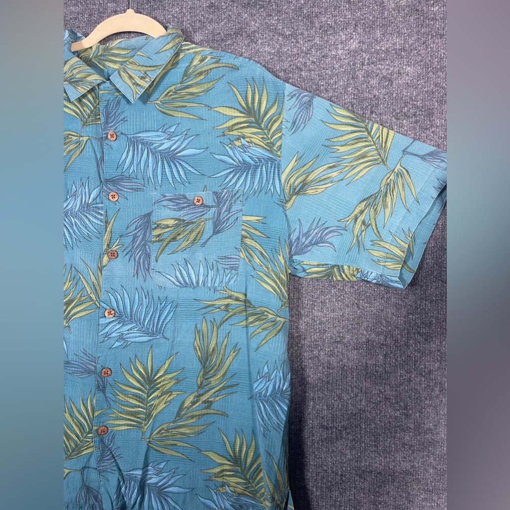 Island Republic Mens Large 100% Silk Blue Green Tropical Leaf Short Sleeve Shirt - Picture 7 of 10